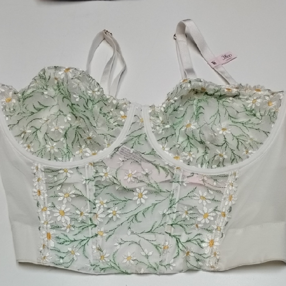 Victoria's Secret White and Green Embroidered Bustier 38dd